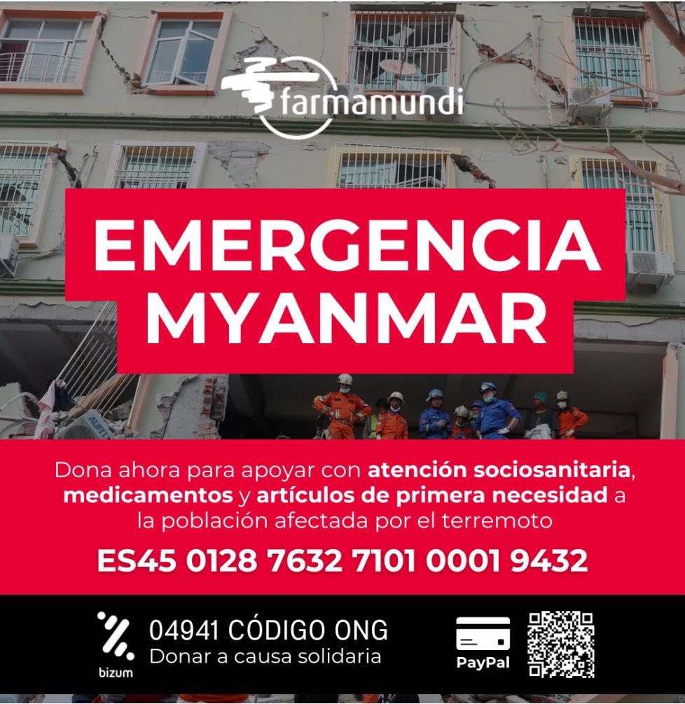 Desde <a href="/farmamundi/">FARMAMUNDI</a> estamos ya en capacidad de intervenir directamente en el ámbito de la acción humanitaria en MYANMAR, a través de varias entidades locales. Os pedimos máxima difusión para poder llegar a un mayor número de personas. 
GRACIAS
#MyanmarEarthquake