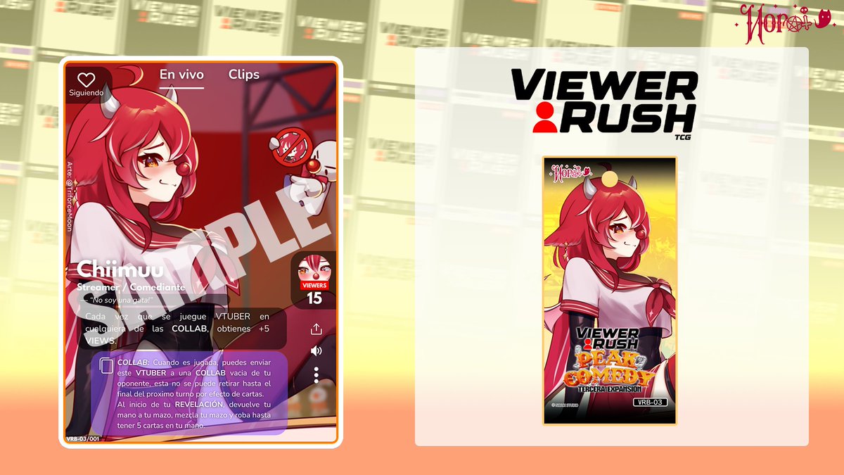 [Presentación de las nuevas cartas de #ViewerRushTCG]

¡Presentamos las cartas incluidas en el nuevo set "Peak Comedy", que saldrá el viernes 11 de Abril!

🔴Esta vez es la comedia <a href="/chiimuu_/">Chiimuu 🎪</a>