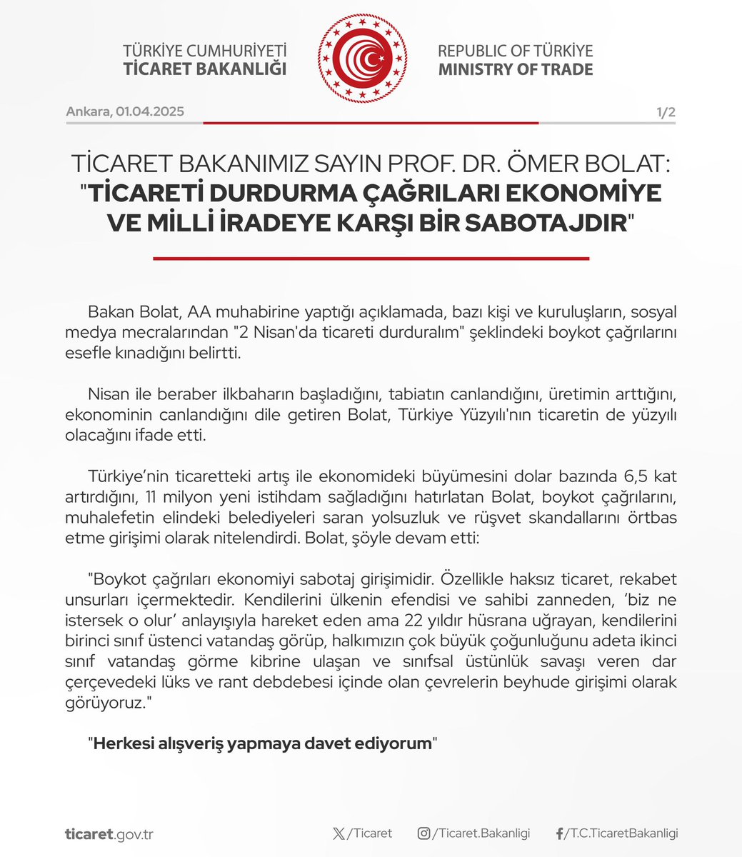 ticaret's tweet photo. Ticaret Bakanımız Sayın Prof. Dr. Ömer Bolat: "Ticareti Durdurma Çağrıları Ekonomiye ve Milli İradeye Karşı Bir Sabotajdır"

(01.04.2025) https://t.co/EUMgr4HVCe