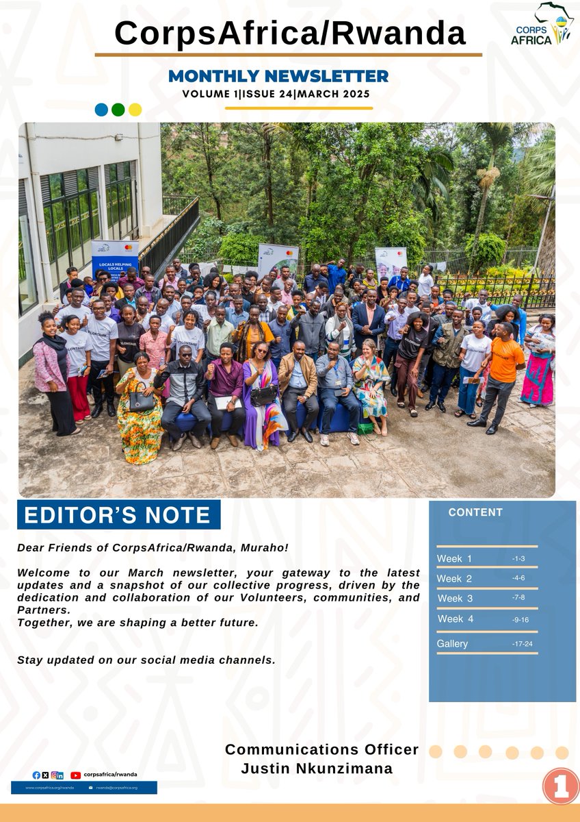 CorpsAfricaRda's tweet photo. 📢 CorpsAfrica/Rwanda Friends, Muraho!
Catch up on our Volunteers' incredible work in March!
Read the 24th edition of our newsletter here 👉 https://t.co/RrV9Gc13qh
#ThisIsCorpsAfrica
#Newsletter
#Edition24 https://t.co/Sifbku3ZIA