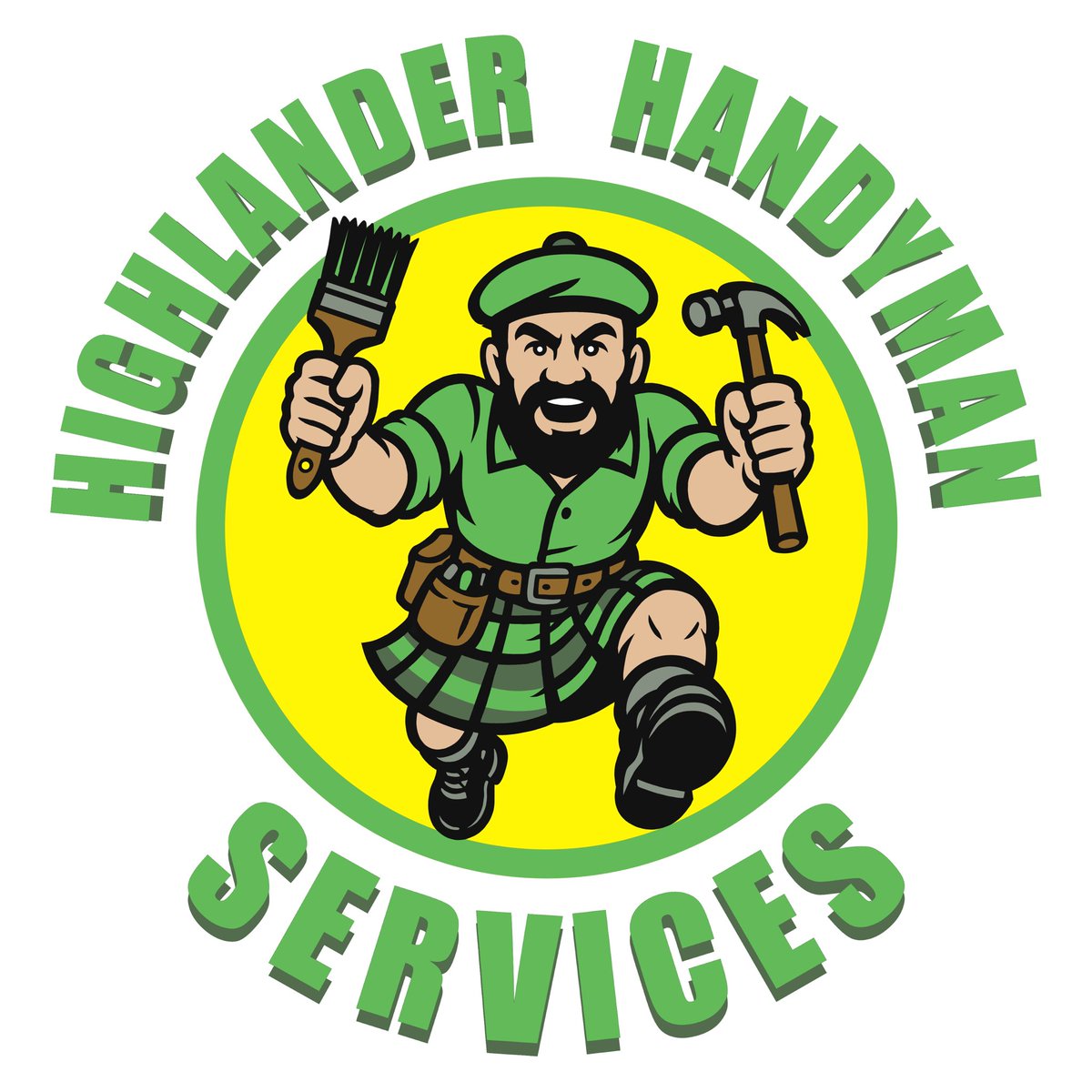 Proud to showcase this brand new logo for a local handyman. Client wanted a Scottish lad with kilt, carpenter tools, beret and a perspective Superman style leap towards the focal point. This is what we do! Need a logo? Commissions are open. #JosephBurkeArts #logodesigner