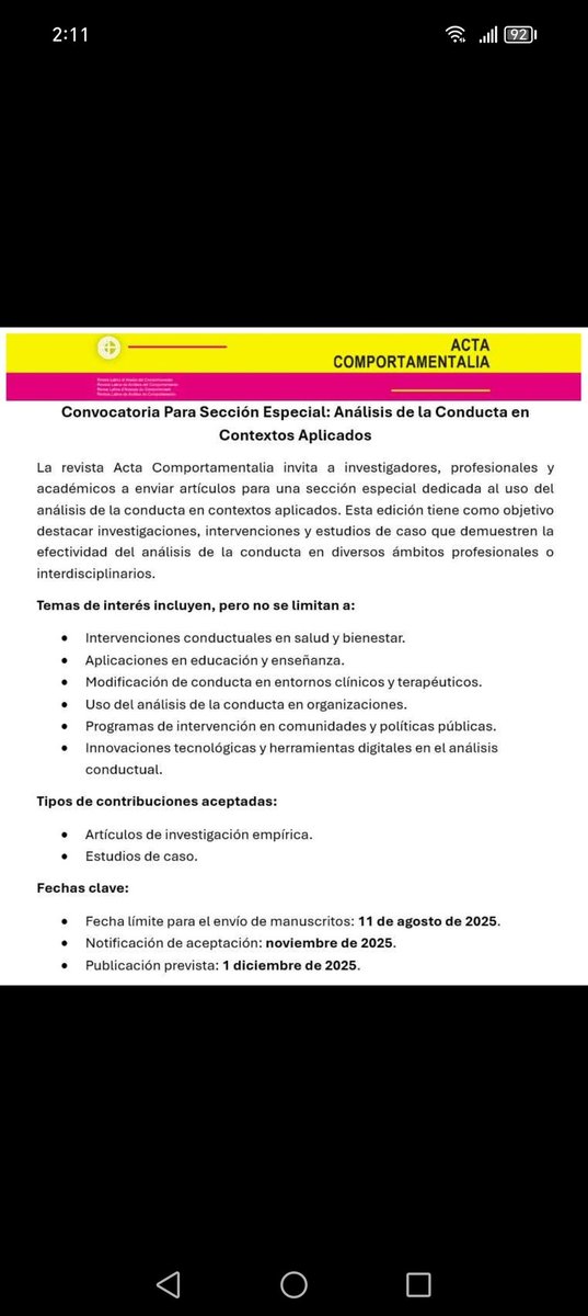 Convocatoria para publicar un artículo con énfasis en el Análisis Conductual Aplicado en un número especial de la Revista Acta Comportamentalia.