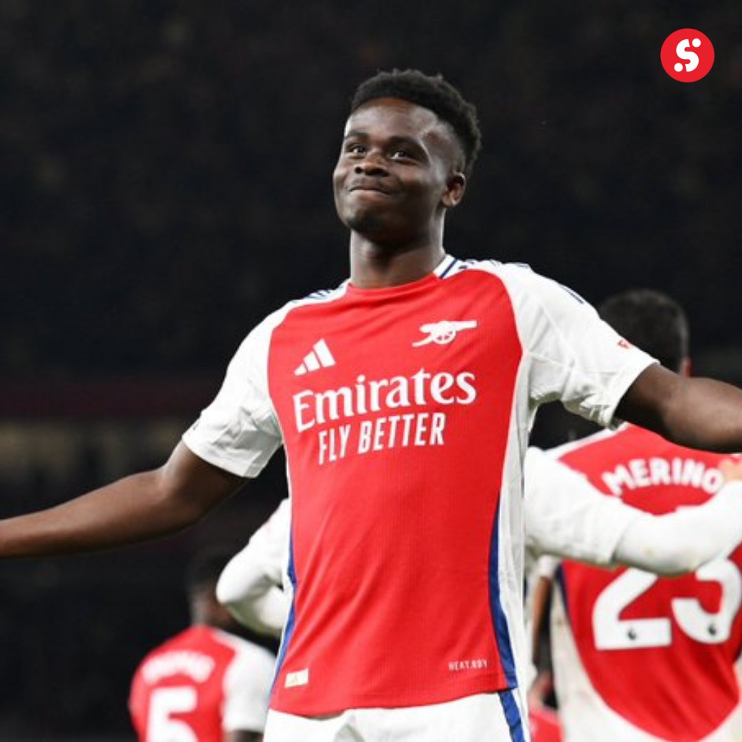sportybetgh's tweet photo. SAKA WASTES NO TIME! 🔥⚽
Back from injury and back on the scoresheet—Bukayo Saka nets just SEVEN minutes into his Premier League return! 💪🤩
#ARFUL https://t.co/eaCOAtPMz7