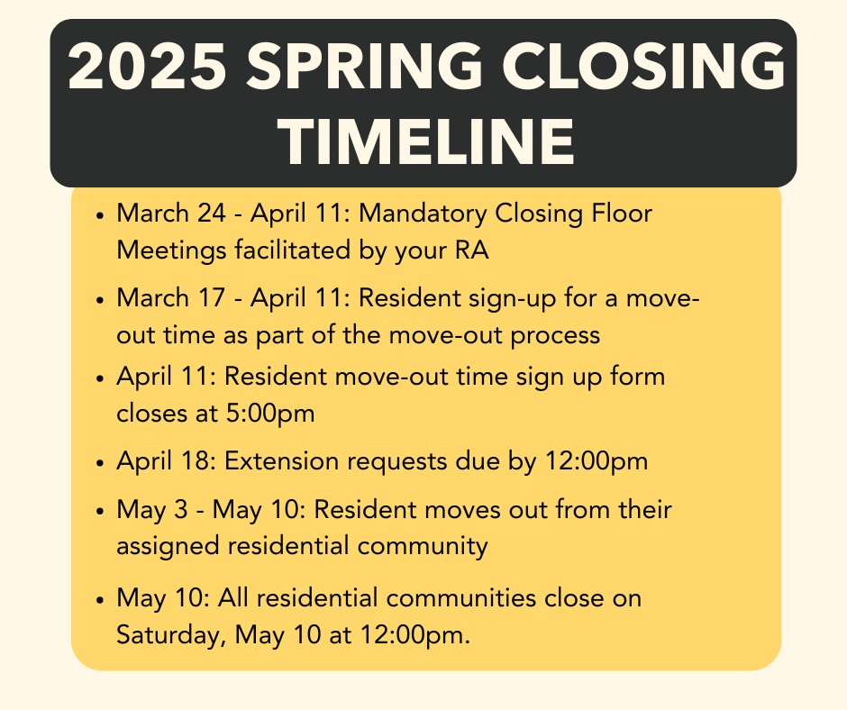 Spring Closing is right around the corner! 

Make sure to check out the timeline of move out events above to ensure a smooth and easy departure. For more about NKU Housing, click the link in our bio!