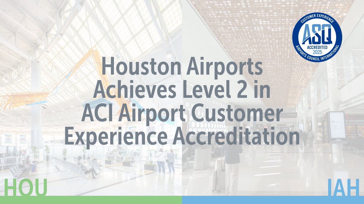 Houston Airports (@airportshouston) on Twitter photo Exciting news! @IAH and <a href="/HobbyAirport/">Hobby Airport</a> just leveled up with <a href="/airportscouncil/">The Voice of Airports</a> Airport CX Accreditation, joining an exclusive group of only 15 airports in North America to reach this milestone. At Level 2, we provide smarter customer service and smoother travel experiences. Exciting news! @IAH and <a href="/HobbyAirport/">Hobby Airport</a> just leveled up with <a href="/airportscouncil/">The Voice of Airports</a> Airport CX Accreditation, joining an exclusive group of only 15 airports in North America to reach this milestone. At Level 2, we provide smarter customer service and smoother travel experiences.