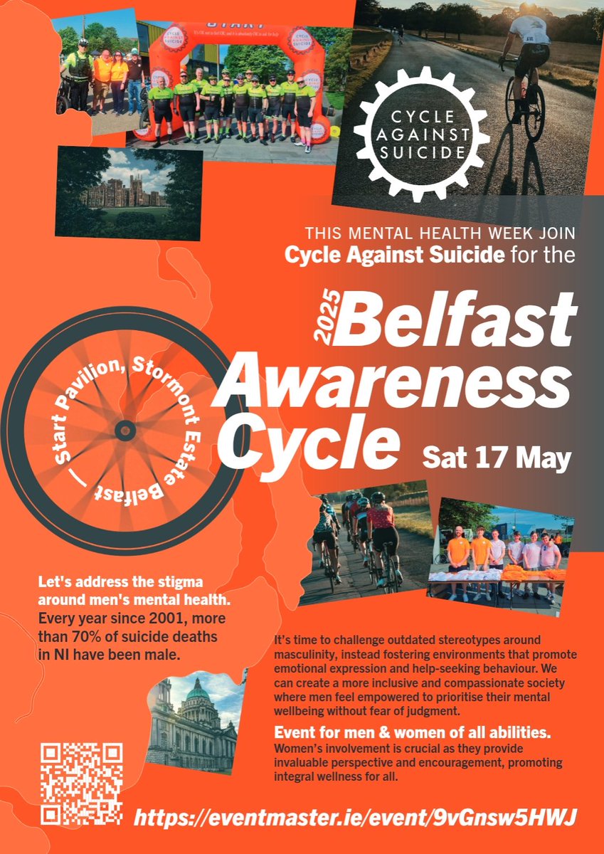 CASuicide's tweet image. Join our #Belfast Awareness Cycle and come out in support of a society that supports mental wellbeing.
🧡 Date: Saturday 17th May
🧡 Routes: 2 Routes - 40km & 55km
🧡 Cost: £20
For more info or to register, visit:
eventmaster.ie/event/e08lCrKF…
#MentalHealthWeek #CycleAgainstSuicide