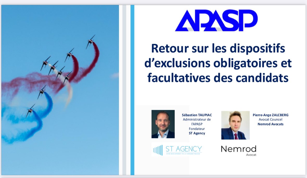 Heureux d’être intervenu ce jour avec le brillant <a href="/TaupiacSeb/">TAUPIAC SEBASTIEN</a> pour l’<a href="/APASP2/">APASP</a> sur les exclusions dans les #MarchésPublics. Entre incitation à la vertu et protectionisme déguisé, les exclusions se surajoutent, et les acheteurs publics les regardent avec circonspection…