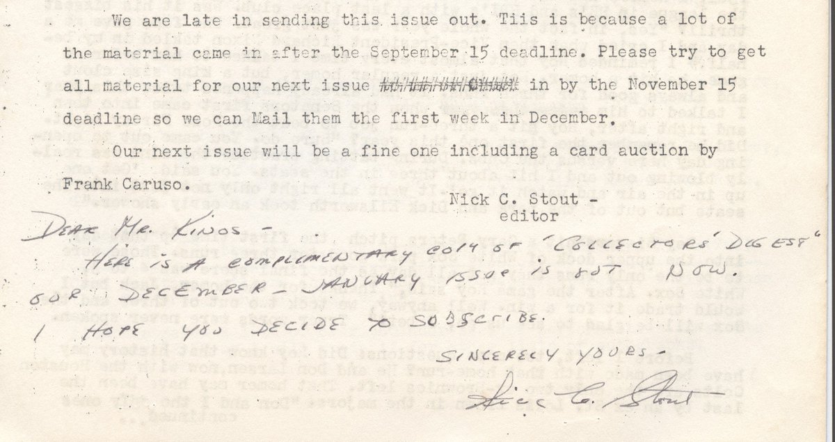 A "new" addition to my autographs collection, from the Oct-Nov 1964 issue of Collectors' Digest.  I've actually had this issue for awhile but never realized it was signed by the editor Nick Stout on the first page:
#HobbyLibrary #HobbyHistory