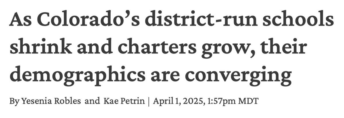 “The vast majority of Colorado’s 880,000 public school students—85%—still attend public schools run by districts. But the trend of rising charter enrollment, even as total enrollment drops, shows that more families are interested in and ultimately choosing charter schools...”