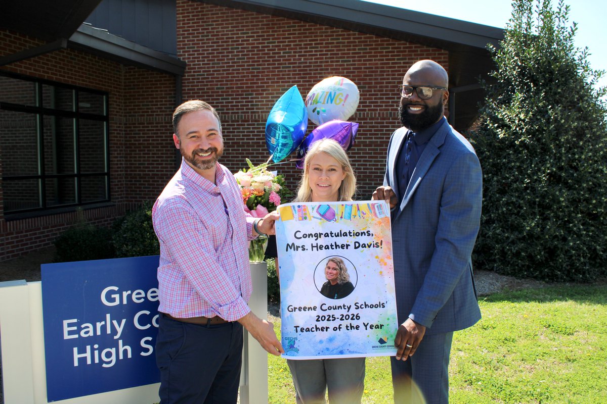 🎉 Cheers to Our Teacher of the Year! 🎉

Passion. Dedication. Impact. These are just a few words that describe Heather Davis, our 2025-2026 Greene County Schools Teacher of the Year! 🍎✨ Her commitment to students and love for teaching make a difference every day at GEC.
