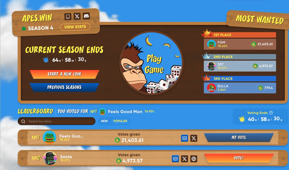 Just passed <a href="/danielesesta/">Daniele 🟧 ( Meme Quant )</a> for #1 on <a href="/apes_win/">Apes Win</a>  

Vote for FEELS GOOD MAN below!

apes.win/dashboard