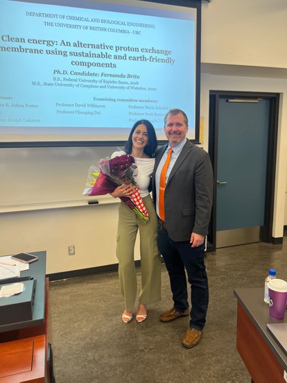 Huge congratulations to Dr. Fernanda Brito dos Santos on a successful PhD defence! 
Her innovative work on bio-based proton exchange membranes is paving the way for sustainable, high-performance energy storage. #PhDone #CleanEnergy #WomenInSTEM #UBC