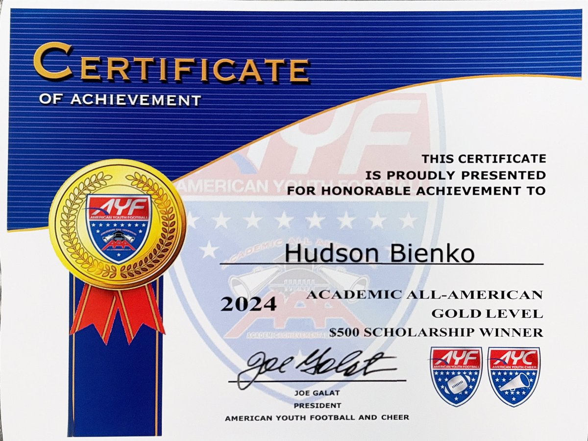 Hudson “Huddy” Bienko 2030 QB (@hudsonbienko) on Twitter photo 2025 AYF Academic All- American
Thank you <a href="/AYF/">American Youth FB</a> for this amazing award given to only 16 other student athletes. Special thanks to <a href="/CarlAllegretti/">Carl Allegretti</a> for your scholarship and your support in academics. Grateful. 2025 AYF Academic All- American
Thank you <a href="/AYF/">American Youth FB</a> for this amazing award given to only 16 other student athletes. Special thanks to <a href="/CarlAllegretti/">Carl Allegretti</a> for your scholarship and your support in academics. Grateful.