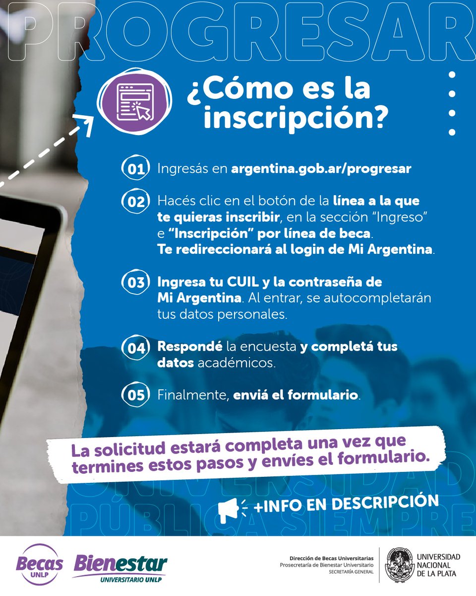 BienestarUNLP's tweet photo. Si sos estudiante de la UNLP, mirá este post y conocé los pasos de inscripción. Tené en cuenta que este año, se dispuso que la misma se realice desde la plataforma Progresar pero anteriormente se deben registrar en ¨Mi Argentina¨.

Más info en: https://t.co/aX4GuozHc1 https://t.co/wUt7ebrdyG