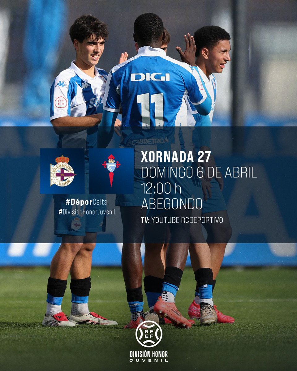 🚨 Este domingo tes cita con #ONOSODERBI na División de Honra xuvenil co título en xogo

⚽️ #DéporCelta
🗓️ Domingo 06/04
⌚️ 12:00 H.
📍 Abegondo
📺 YouTube RC Deportivo