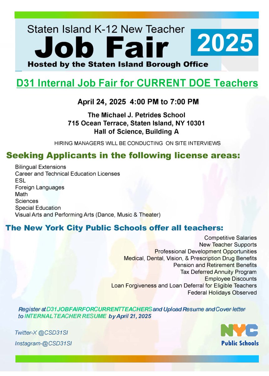 DAVID POSSNER (@david_possner) on Twitter photo Our 2024-25 District 31 Job Fair is open to CURRENT DOE employees who can use the Open Market to transfer. The fair begins @ 4PM - Petrides, Building A. <a href="/CSD31SI/">CSD31StatenIsland</a> Our 2024-25 District 31 Job Fair is open to CURRENT DOE employees who can use the Open Market to transfer. The fair begins @ 4PM - Petrides, Building A. <a href="/CSD31SI/">CSD31StatenIsland</a>
