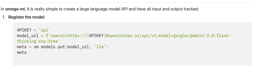 Just about to publish a #GenAI extension to my MLOps platform <a href="/omega_ml/">omega-ml</a>. 

It's just 3 steps to register models, serve and track every call. Ultimately, that's required in any company use case. 

Step 1: Register the model