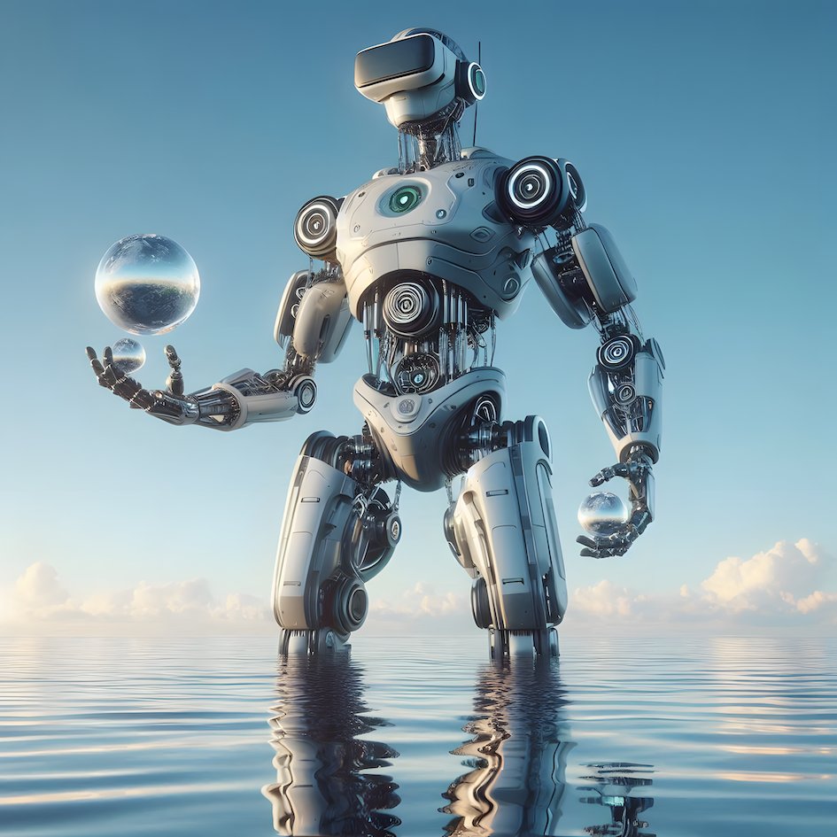KarmausMind's tweet image. “A fusion of technology and nature captured in a breathtaking moment. This humanoid robot, poised amidst the tranquil waters, holds the future in its hands. Inspired by @Beeple’s love for robots and futuristic art. 🌍🤖 #AIArt #FuturisticDesign #RoboticArt #DigitalCreation