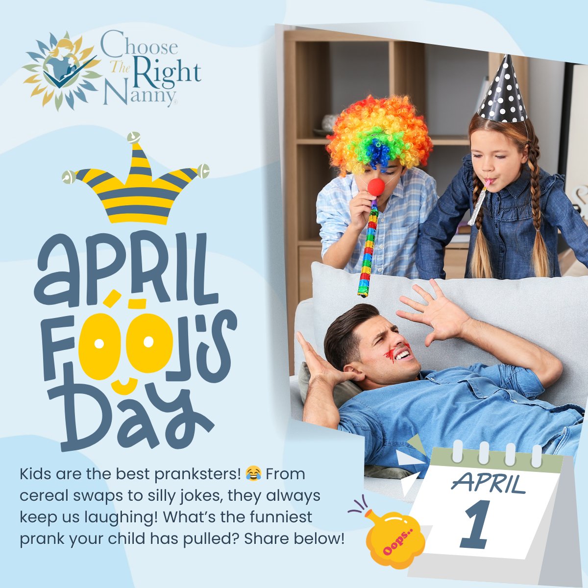 CTRNanny's tweet image. 🤣🎭 April Fools’ Day is here! Kids are the ultimate pranksters—whether it’s swapping cereal or silly jokes, they always keep us laughing! 😂🎉 What’s the best prank your child has played on you? Drop your funniest stories below! ⬇️ #AprilFoolsFun #ParentingLaughs
