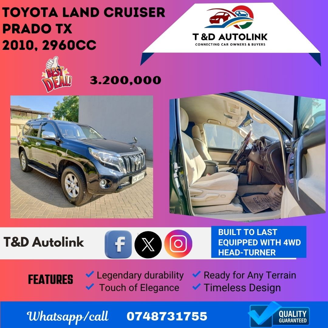 tdAutolink's tweet image. 2010 Toyota Land Cruiser Prado TX
Ready for Adventure!
Price:3.2M
Contact: 0748 731755

This black beauty boasts a 2.7L petrol engine, 4WD, and a spacious beige interior, perfect for city drives or off-road adventures.

Gachagua