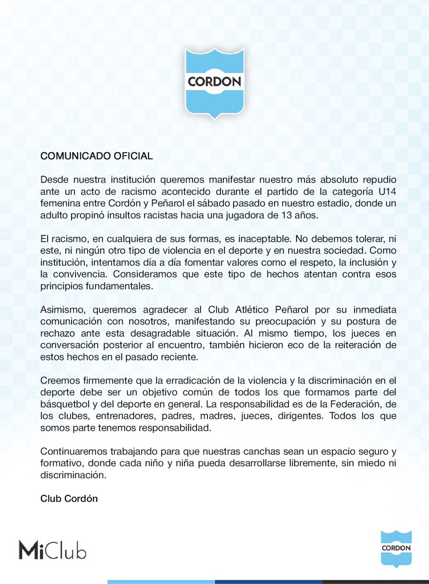 ✍🏼 Repudiamos los hechos de racismo, fomentando valores de respeto, inclusión y convivencia en el deporte formativo de nuestro país.