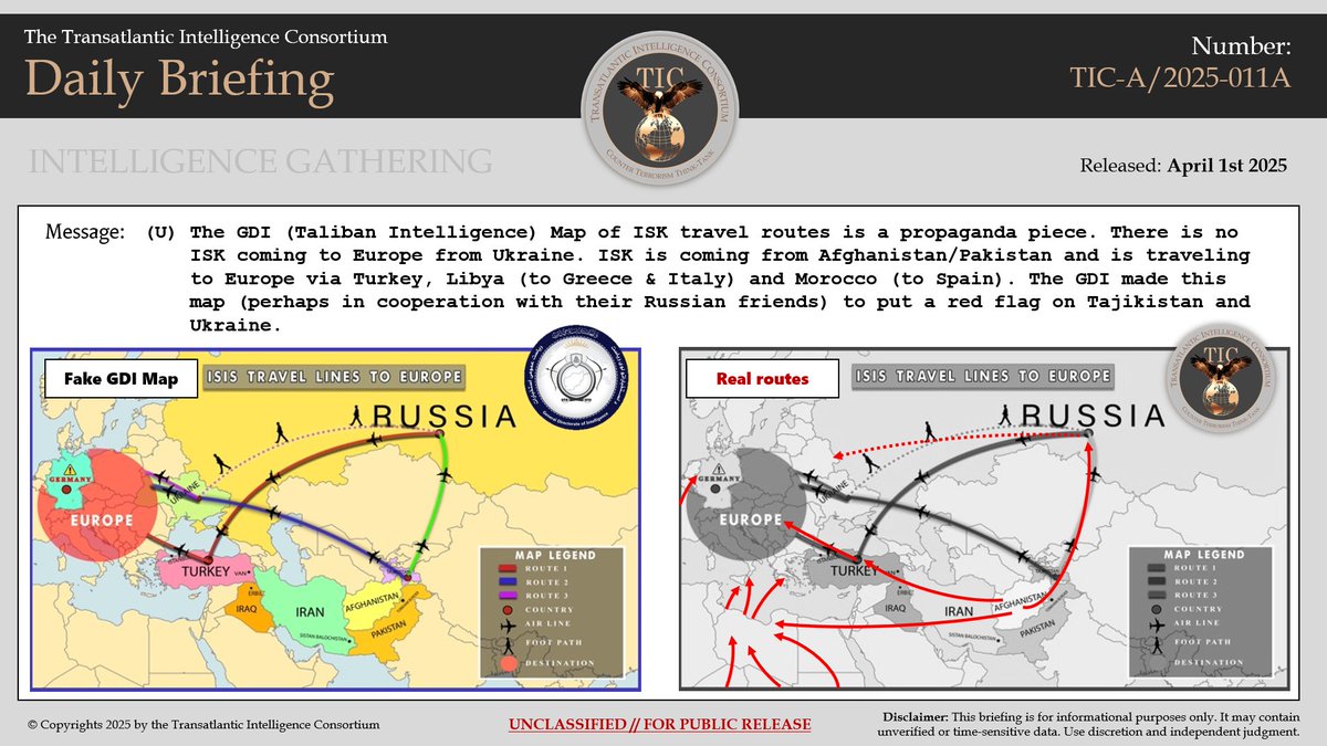 More about the fake GDI Map with ISIS routes to Europe the Taliban released.

It's goals:

- Show ISK is not coming from Afghanistan/Pakistan
- Blame Tajikistan and Ukraine 

#Propaganda