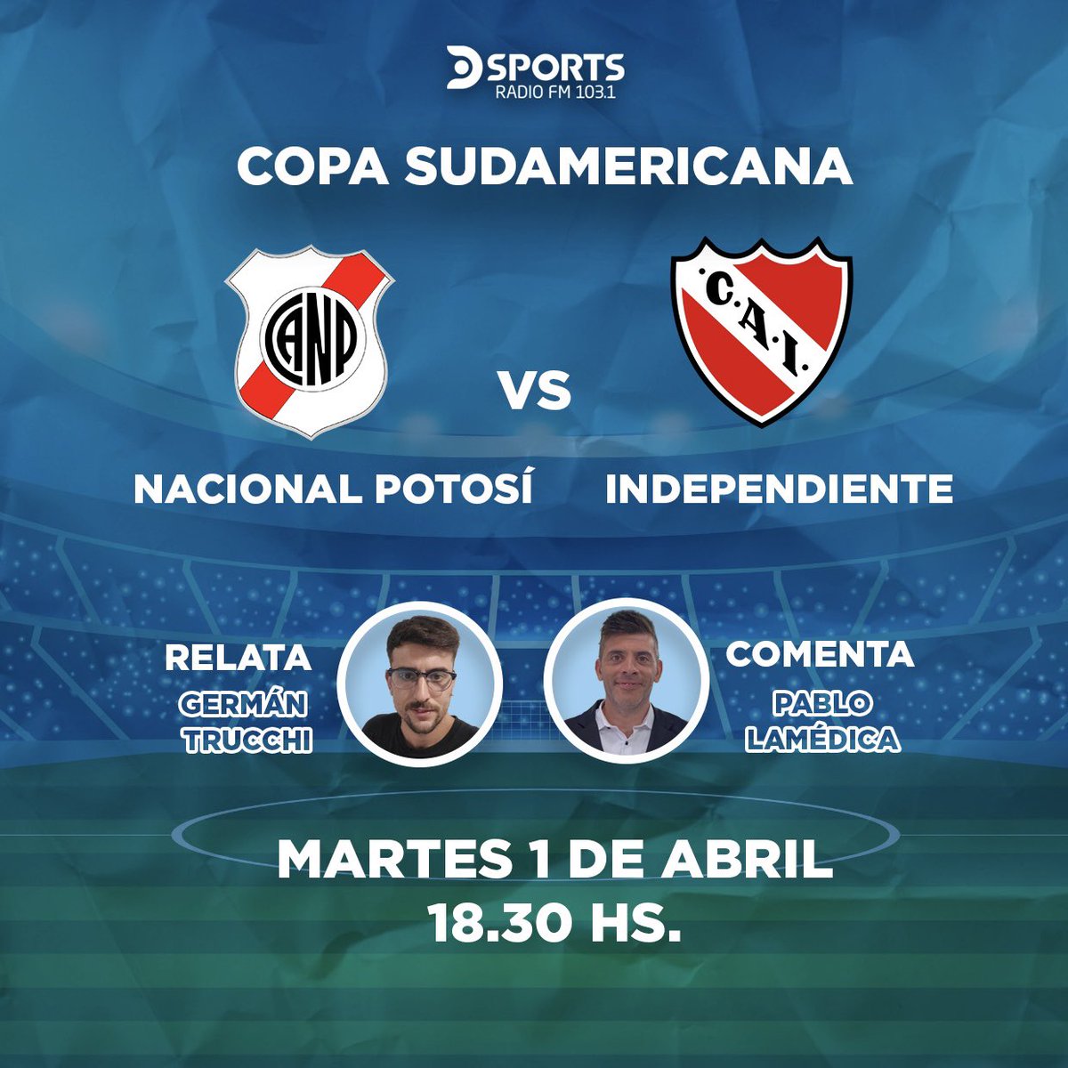 🔥 El Rojo visita la altura de Potosí y lo vivís por DSPORTS Radio FM 103.1, #ElSonidoDelDeporte.

📻 Desde las 18:30 transmitimos #NacionalPotosí - #Independiente, con los relatos de <a href="/gtrucchi_/">German</a> y los comentarios de <a href="/pablolamedica/">Pablo Lamédica</a> 🔝