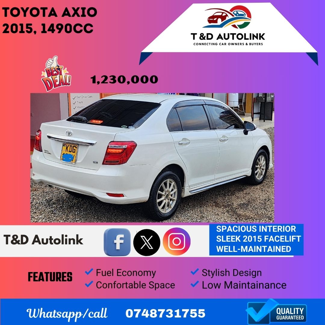 tdAutolink's tweet image. 2015 TOYOTA AXIO for Sale
📷 Year: 2015
📷 Engine: 1490cc (1.5L) VVT-iE – Fuel-Efficient &amp;amp; Reliable!
📷 Color: Pale White
📷 Price: KSH 1.3M – Unbeatable Value!

Happy New Month