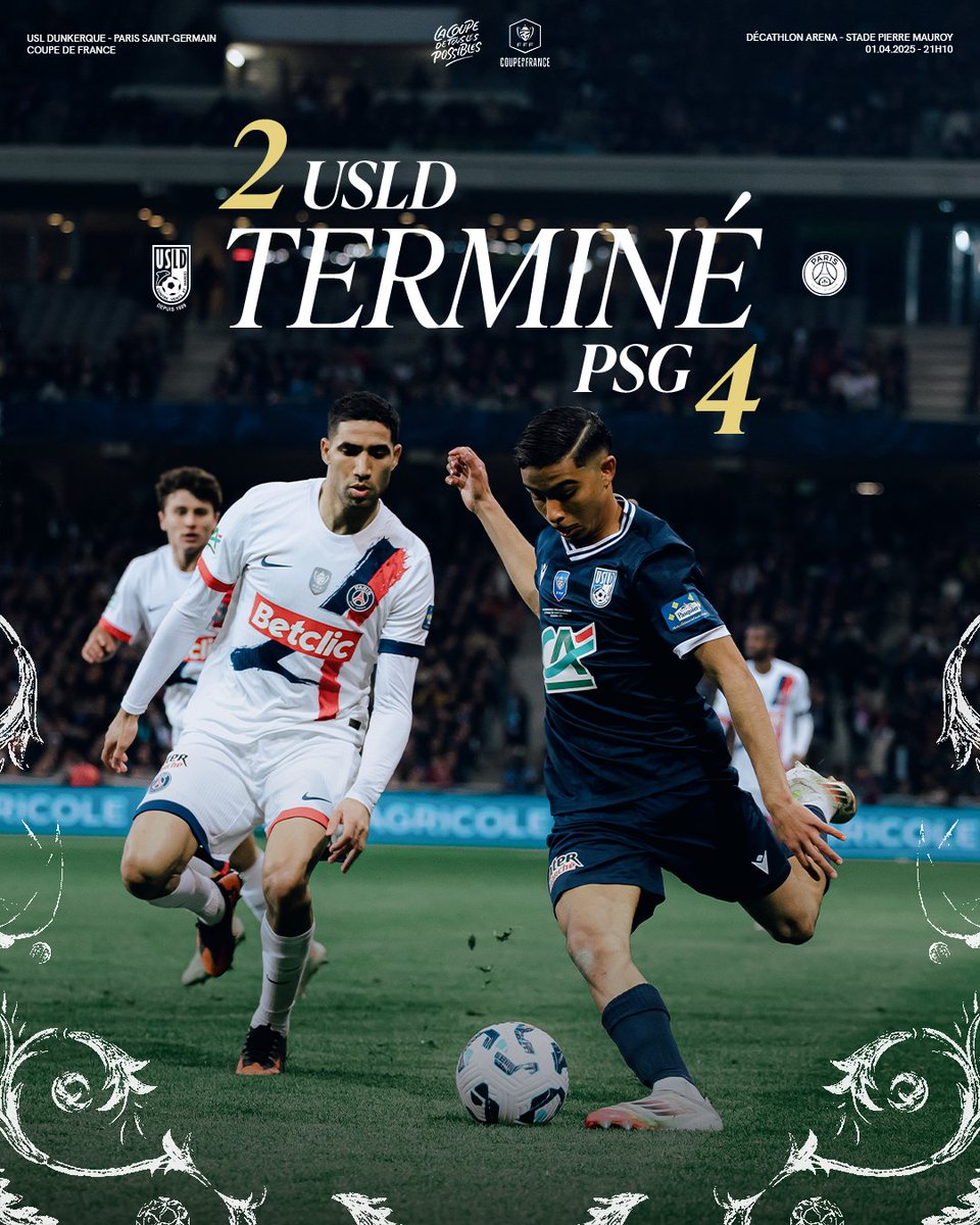 usldunkerque's tweet image. 👏 Après avoir mené 2-0 face au PSG, nos Maritimes s’inclinent avec honneur !

Face à une grande équipe, les Dunkerquois ont tout donné et se sont battus jusqu’au bout des 90 minutes. Une performance qui force le respect 🔵⚪

𝐌𝐞𝐫𝐜𝐢 𝐥𝐞𝐬 𝐠𝐚𝐫𝐬🫶

⏱️ 90+5' | 2-4 #USLDPSG