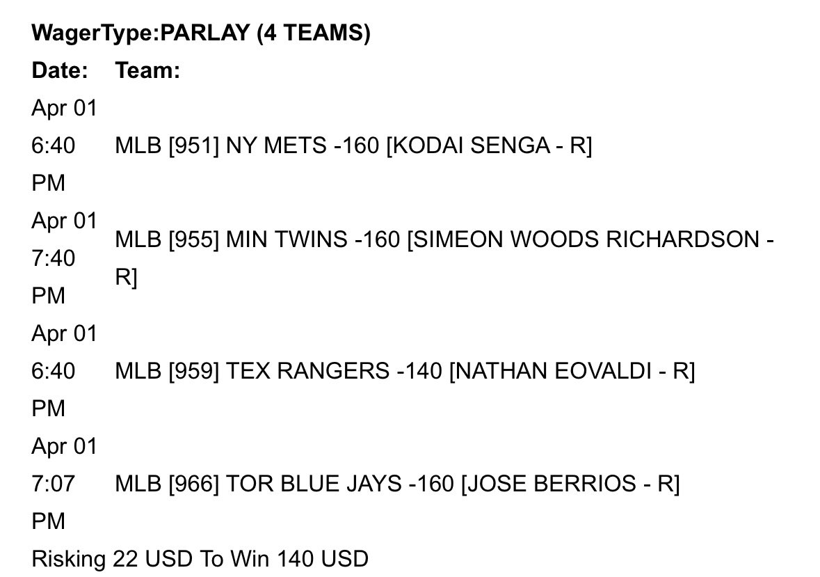 TroutPicks's tweet photo. MLB Parlay 4.1.25 ⚾️

Mets ML
Twins ML
Rangers ML
Blue Jays ML
.9 Units to win 5.8

LFGG 😤😤

#sportsbetting #mlb https://t.co/RxRpahcu0t