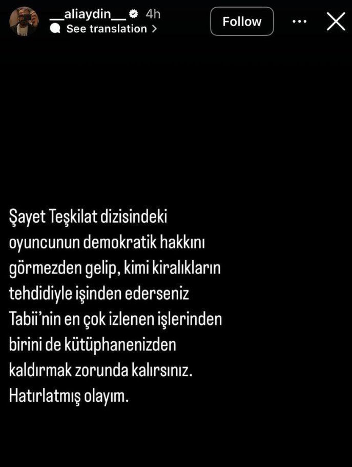 Tabii platformunda yayınlanan Mevlana dizisinin senaristi Ali Aydın TRT’yi tehdit etti!

Şahıs, Mevlana dizisini tabii platformundan kaldırmakla tehdit ediyor. 

TRT’ye çağrımızdır! Hiç birine acımayın !
<a href="/trt/">TRT</a> <a href="/zahidsobaci/">Zahid SOBACI</a> 

Kendi milli senarist ve oyuncularımız gerekli içerikleri