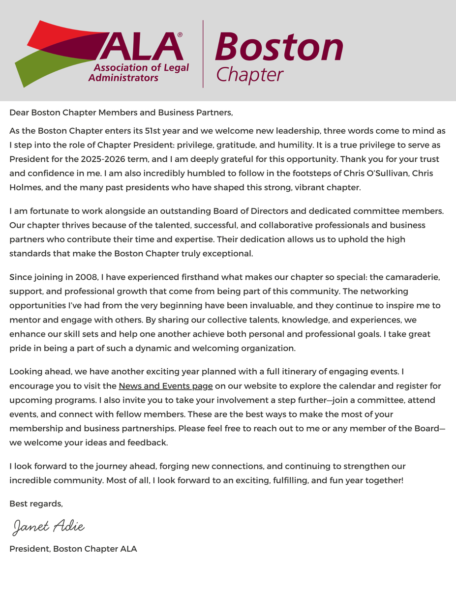 alaboston's tweet photo. ALA Boston welcomes Jan Adie as the new president of the chapter for 2025-2026, as well as the rest of the board members serving this year! April 1st marks the change in leadership, and we thank all the board members who served the chapter in 2024-2025. https://t.co/dRNlZADRWD