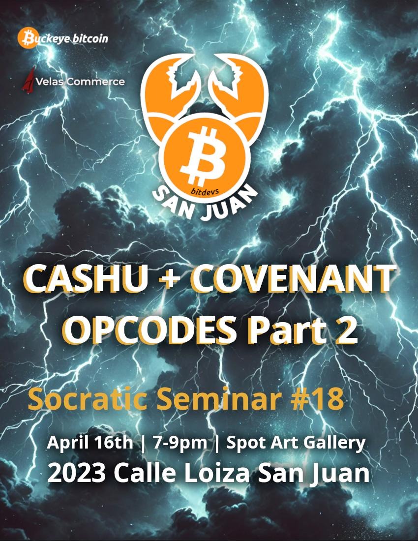 SanJuanBitdevs's tweet image. April BitDevs is happening on the 16th at our new fav location, the Spot Art Gallery. 

This time we’ll be digging into Cashu, and then back for covenant opcodes part 2!