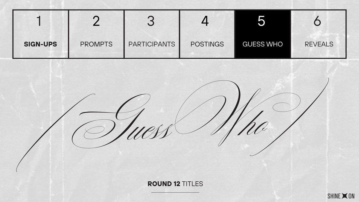 [Round 12 | Titles 📋✏️]

› Guess Who

Time to play our guess who quiz! Anyone up for an attempt at solving the entire 9-fic puzzle? 🧩

Don't forget to share your score, either in the replies or QRTs, and 🤐 about any correct guesses, until Saturday!

⟶ tinyurl.com/shineon12g