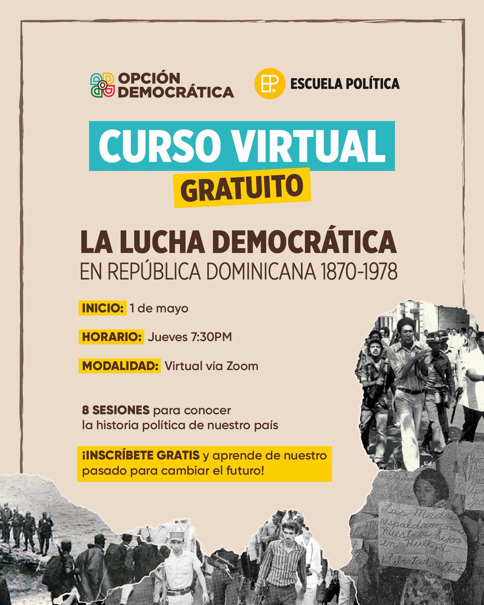 ¡Entender nuestra historia es esencial para transformar nuestro futuro! 🙌

Hoy Lanzamos un CURSO VITUAL Y GRATUITO sobre La Lucha Democrática en RD 1870 - 1978. 

📌Inscríbete en bit.ly/4i0xmK6