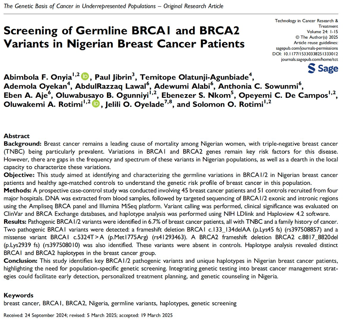 Solomon Rotimi (@dapsing) on Twitter photo EXCITING ANNOUNCEMENT
Our study on BRCA1/2 variants in Nigerian breast cancer patients is now accepted in Technology in Cancer Research & Treatment <a href="/TCRT_Cancer/">Technology in Cancer Research & Treatment journal</a>.
#BRCA #BreastCancer #healthEquity EXCITING ANNOUNCEMENT
Our study on BRCA1/2 variants in Nigerian breast cancer patients is now accepted in Technology in Cancer Research & Treatment <a href="/TCRT_Cancer/">Technology in Cancer Research & Treatment journal</a>.
#BRCA #BreastCancer #healthEquity