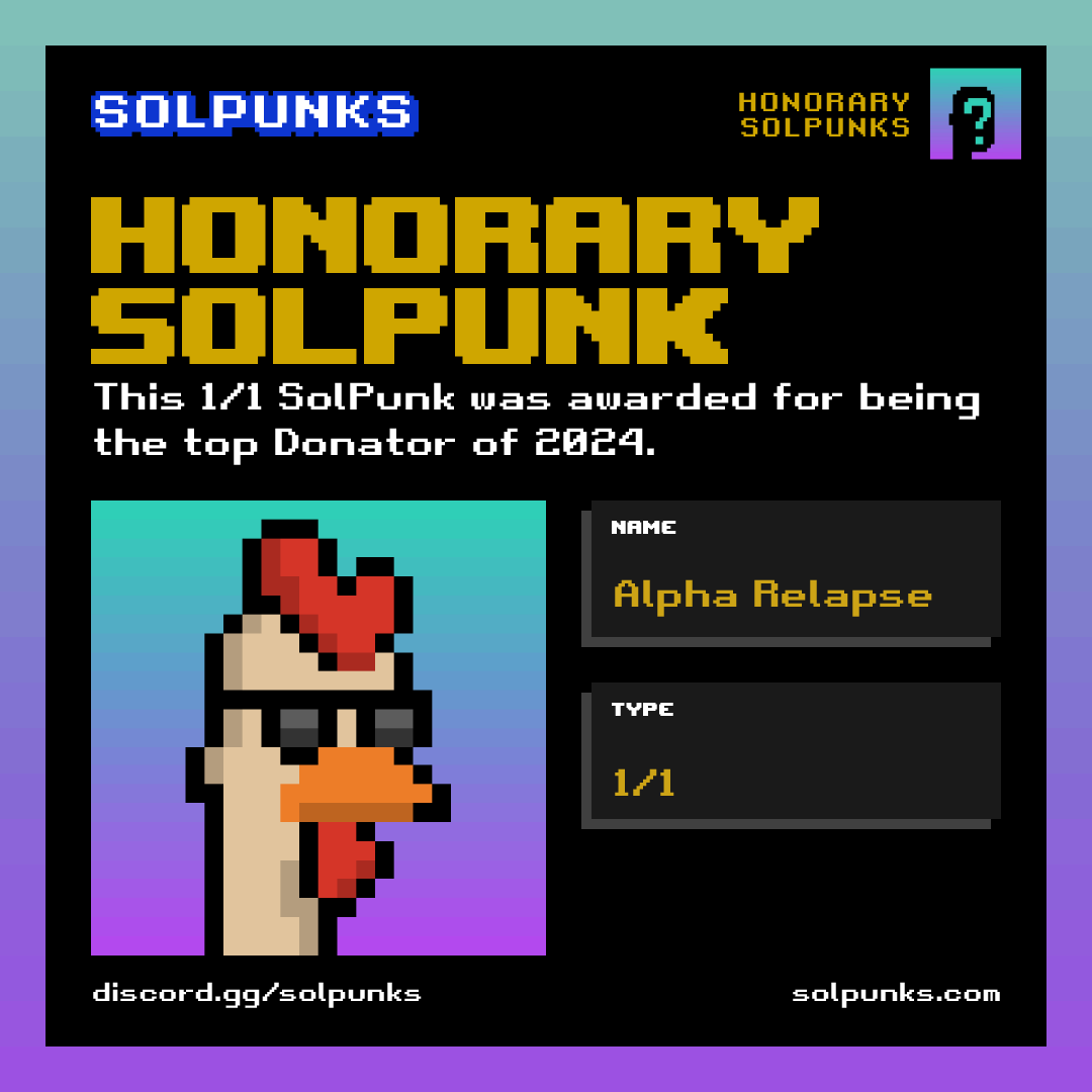 SolPunks Community (@solpunksfamily) on Twitter photo Here is the latest Honorary SolPunk design. This custom 1/1 Honorary SolPunk was awarded to <a href="/AlphaRelapse/">Alpha Relapse™</a> for being the top Donator of 2024!
Thank you Alpha for being such a great holder and for all your trust and love!
Keep reading to know more about this design! 🧵 Here is the latest Honorary SolPunk design. This custom 1/1 Honorary SolPunk was awarded to <a href="/AlphaRelapse/">Alpha Relapse™</a> for being the top Donator of 2024!
Thank you Alpha for being such a great holder and for all your trust and love!
Keep reading to know more about this design! 🧵