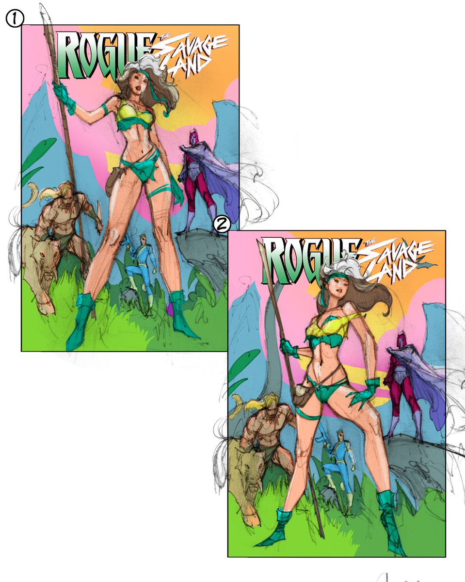 ✏️✒️🌴🦕 It occurred to me that I hadn't posted the process that went into creating my cover to #Rogue: The #SavageLand #1 last year. ⏪️Swipe⏪️ through to see the different iterations and penciling that went into the creation of that cover. #xmen 