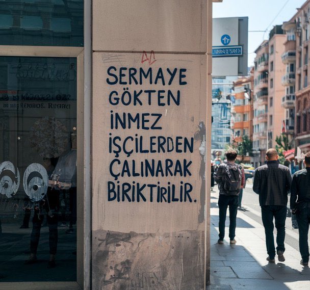 solcugazete60's tweet photo. İstanbul'da bir duvar yazısı:

"Sermaye gökten inmez, işçilerden çalınarak biriktirilir." https://t.co/lD9OWFxOZp