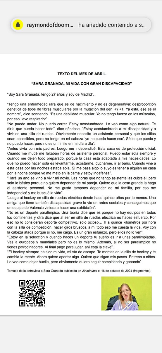 El Texto del mes de abril ha sido tomado de una entrevista a Sara Granada, jugadora de hockey en silla de ruedas. Sara se reunió en la Casa de Cultura Pilar Herranz con nuestros alumnos y alumnas de 1ºESO y 2ºESO, en el contexto de eventos organizados para la Semana de la Salud.