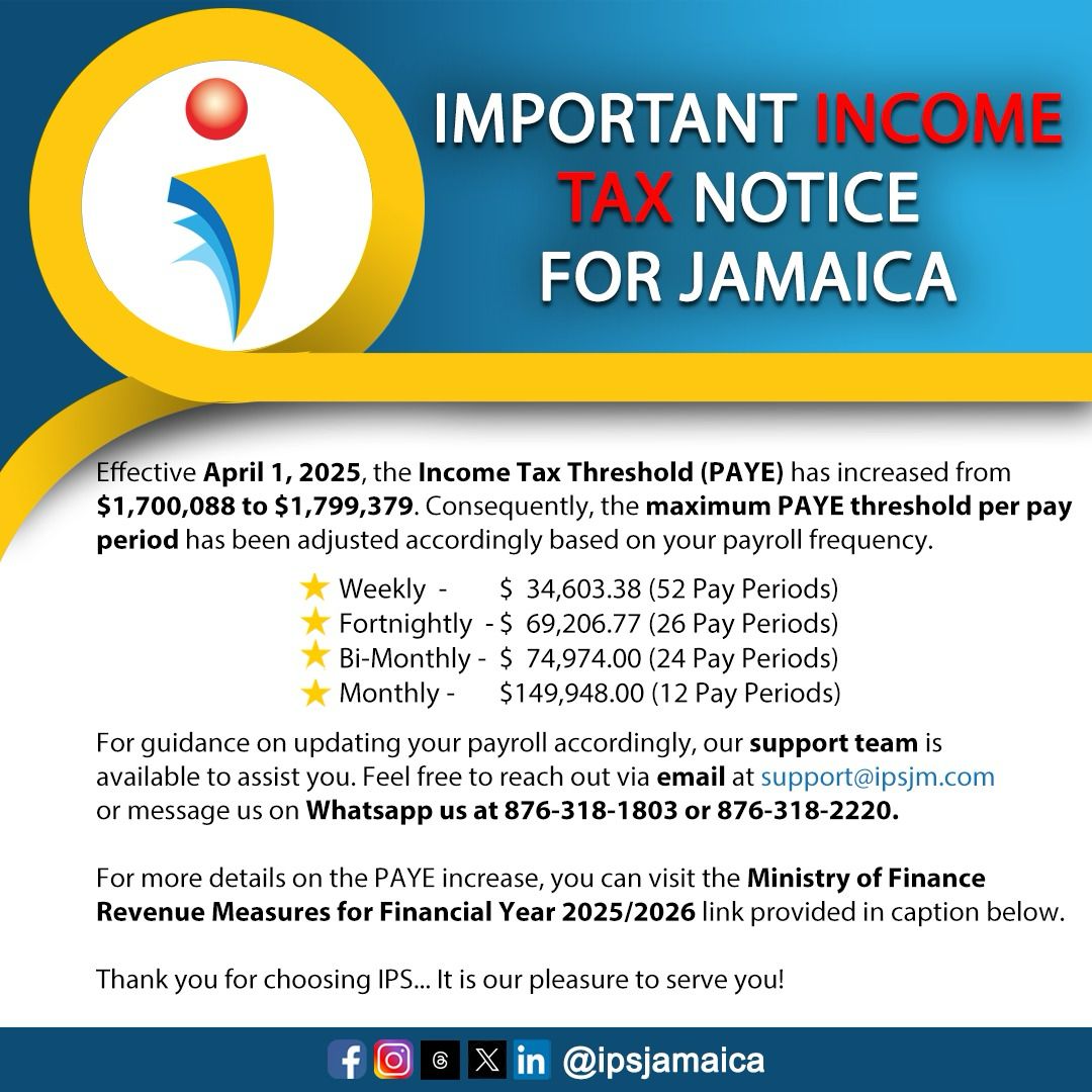 ipsjamaica's tweet photo. Jamaica Income Tax Threshold Increase!
To update your payroll, accordingly, access our April_2025 newsletter: https://t.co/QLFESxDo1B
For more details, visit:
https://t.co/c3SfGkqp8g…

#TaxUpdates #Jamaica #IPSCares #PayrollMatters #PayrollExperts #CarribeanPayrollProviders https://t.co/icFtULCNse