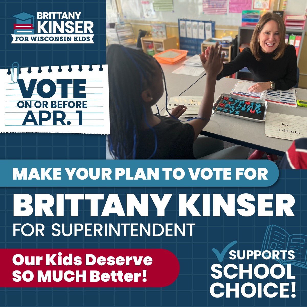 ‼️KRONENWETTER‼️

Your polling hours have been extended until 9 PM! If you haven’t made it out to cast your ballot, you have an extra hour this evening to make your voice heard. Get out and vote Brittany Kinser for DPI!