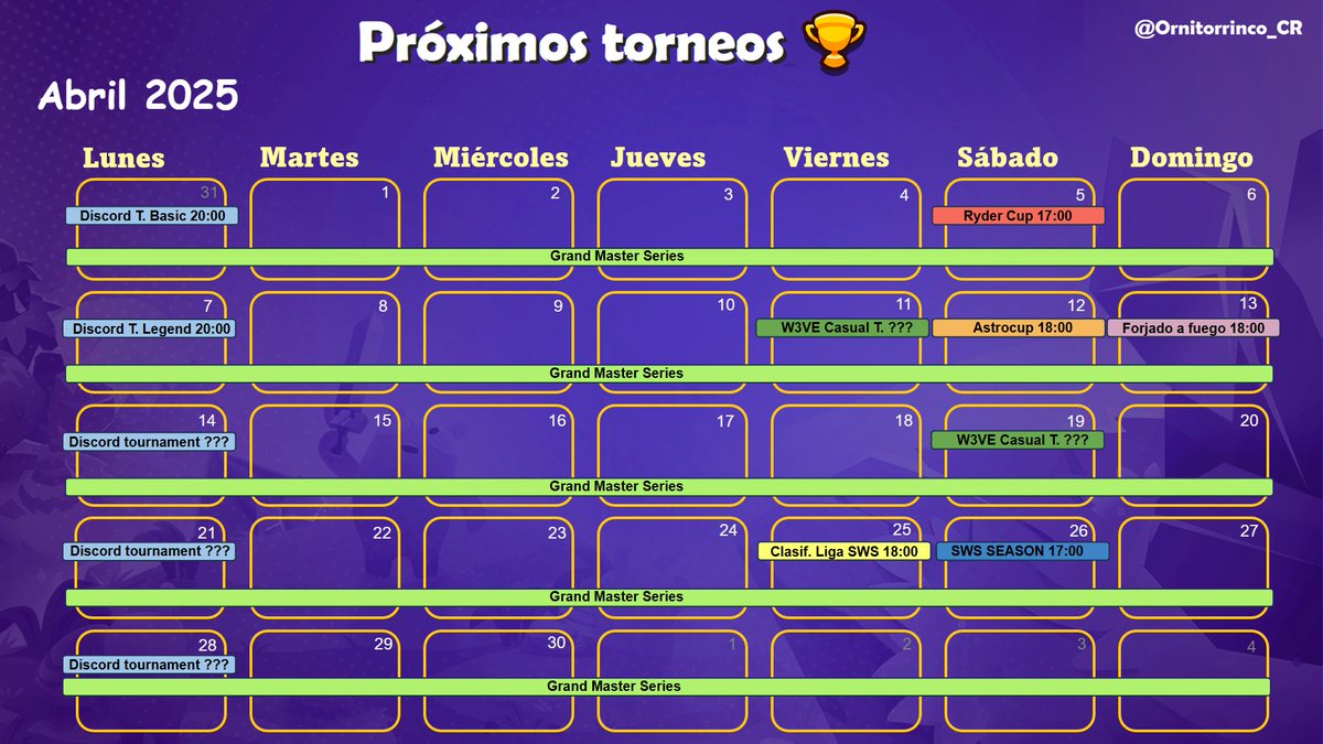 CALENDARIO TORNEOS ABRIL 🌸

Finalizada la Wic dúo y las ligas, tendremos un mes más tranquilo con torneos individuales.

Los torneos oficiales ahora pasan a ser Discord tournaments.

Servers para inscribirse en la descripción 👇🏼