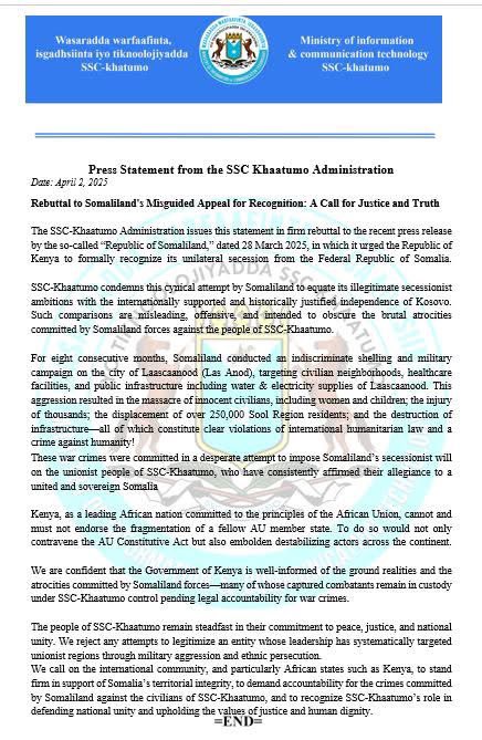 SSCKhatumoTv's tweet photo. Press release Ssc khatumo administration https://t.co/15SHukvwQk