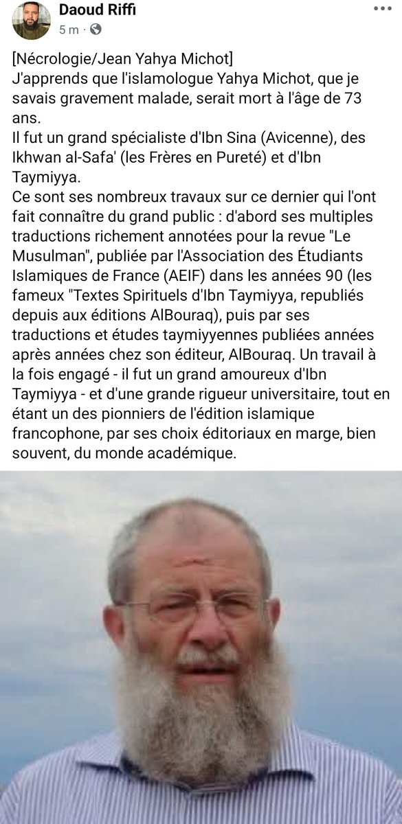 driffi59's tweet photo. Décès de Yahya Michot, éminent spécialiste d'Avicenne, des Frères en Pureté et d'Ibn Taymiyya. https://t.co/Eo5Hcu03rq