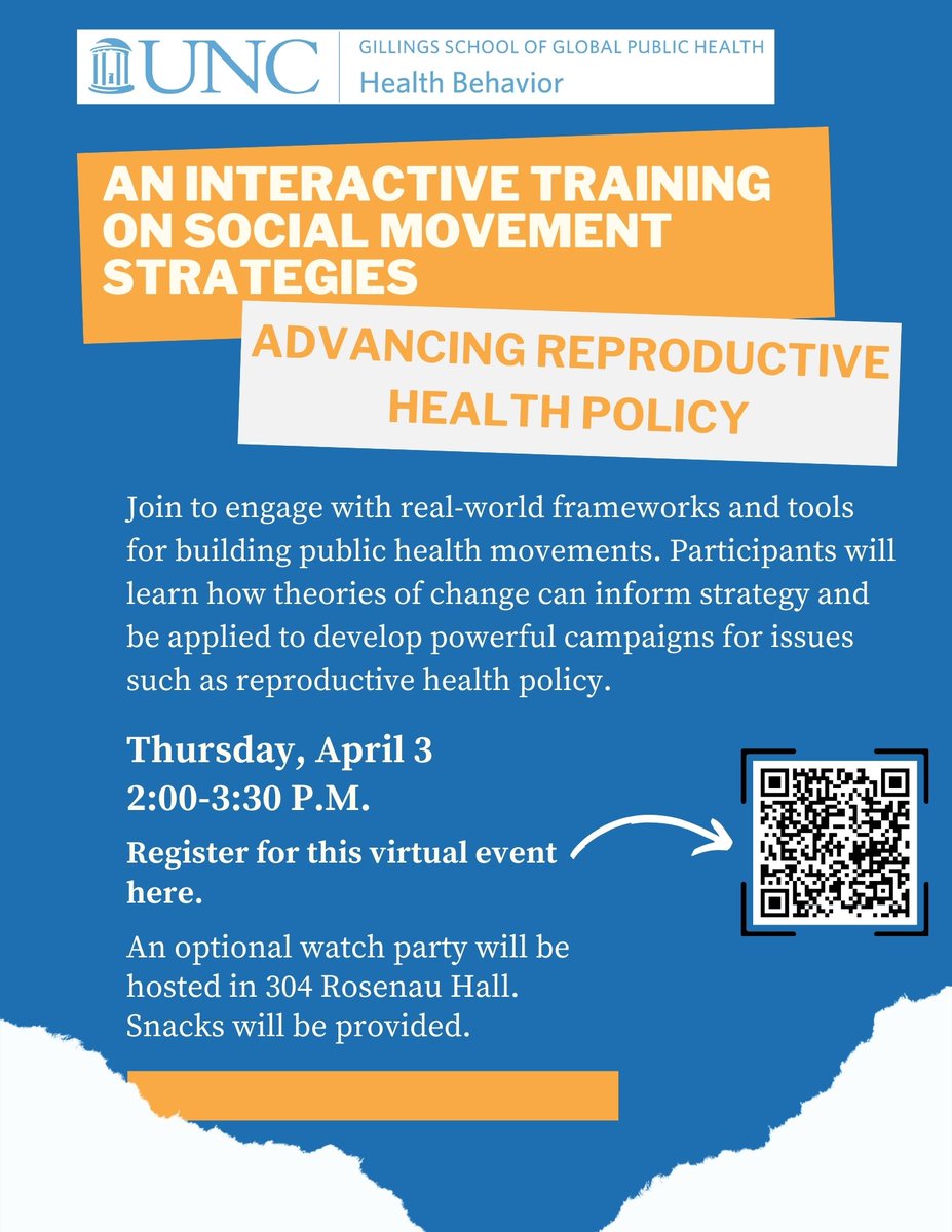 This Thursday, join an interactive training on social movement strategies! Participants will learn about real-world frameworks and tools for designing and implementing evidence-based public health movements. Register now: apps2.research.unc.edu/events/index.c…
