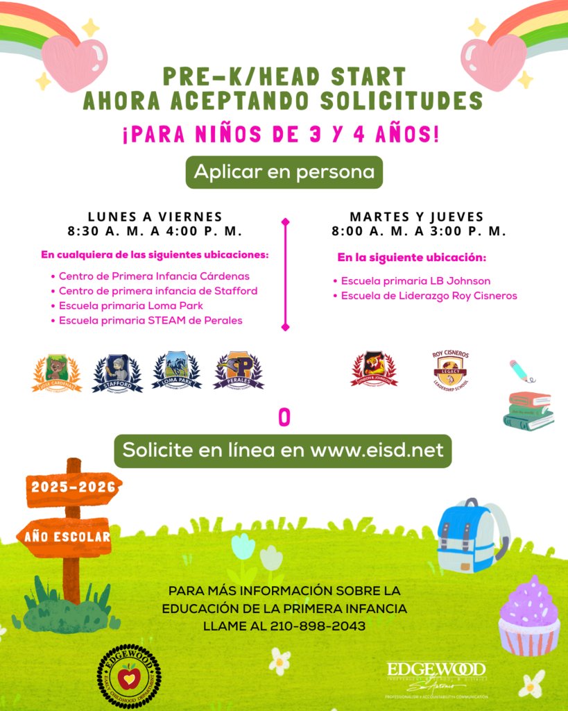 📢 ¡Noticias emocionantes! ¡La inscripción para Pre-K y Head Start está ABIERTA! 🎉 Dale a tu pequeño un gran comienzo con educación infantil de calidad.

📍 Regístrate en persona o en línea en eisd.net
☎️ ¿Necesitas ayuda? Contáctanos al (210) 898-0243.