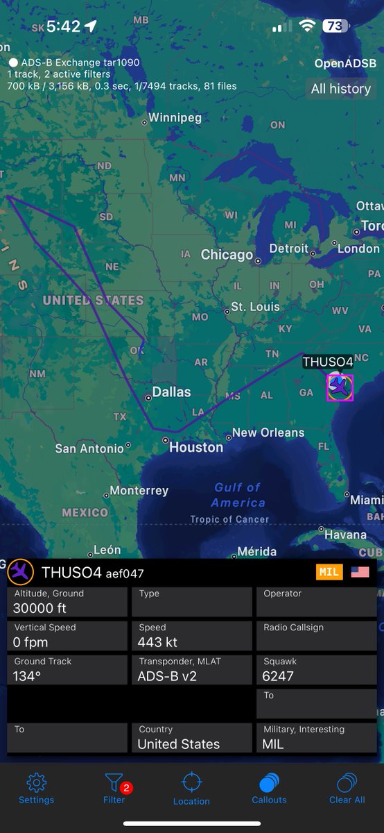 ChrisJacksonSC's tweet image. First time I’ve ever caught an E-6B Mercury flying over South Carolina from **checks notes** Tinker AFB in Oklahoma City. Currently headed towards the coast. 

Callsign: THUSO4 
#TACAMO 
#AEF047