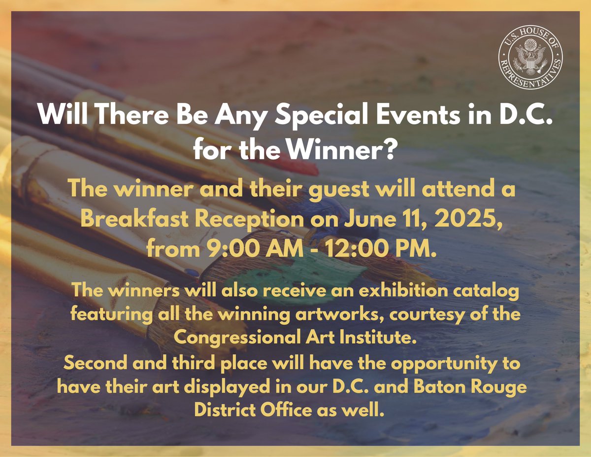 Calling all young artists! A reminder that the deadline for the 2025 Congressional Art Competition is swiftly approaching. April 4th is your chance to showcase your talent and have your artwork displayed in the U.S. Capitol!

Don’t miss your chance to be recognized on a national
