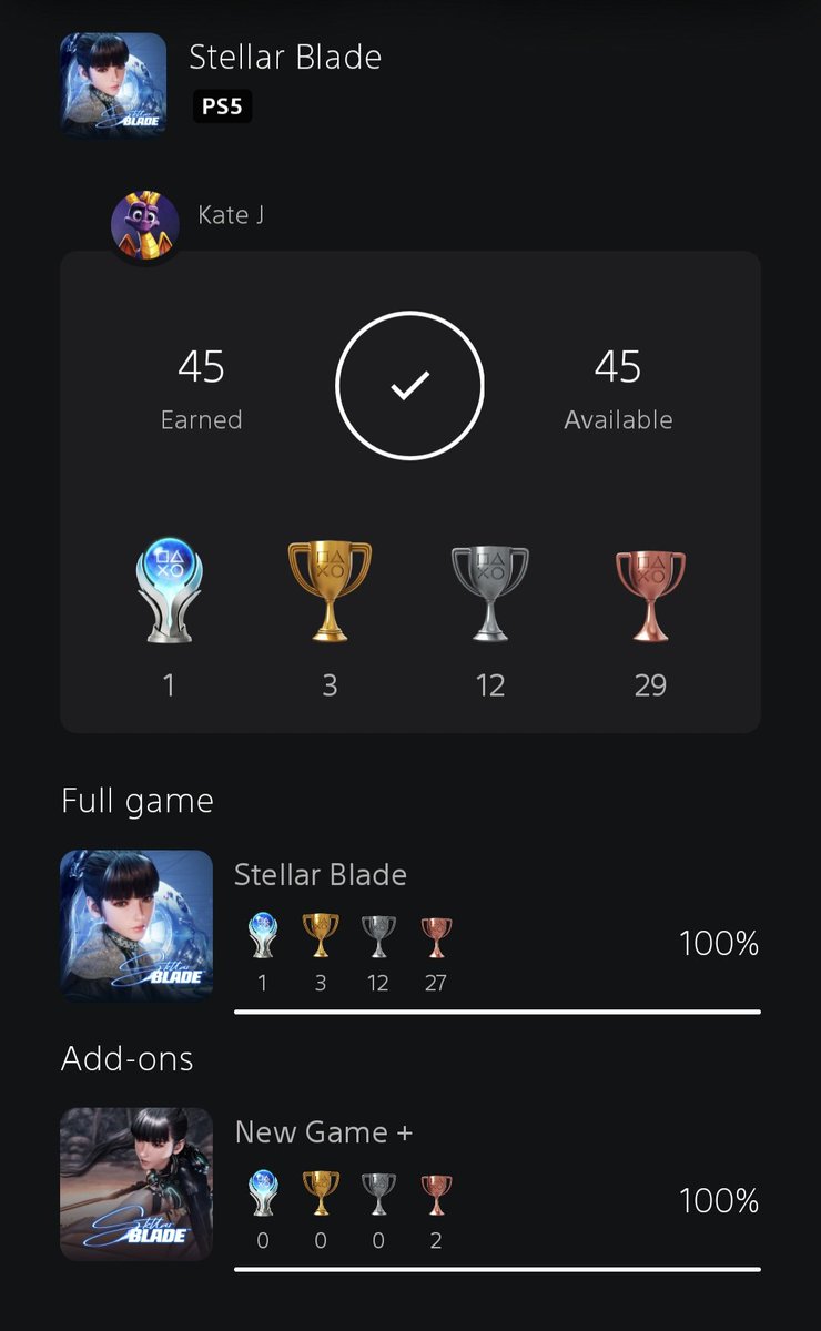 bloggingdragons's tweet photo. Got my 25th platinum today for #StellarBlade. I did not expect to love this game as much as I did. https://t.co/hIDZPisxUh